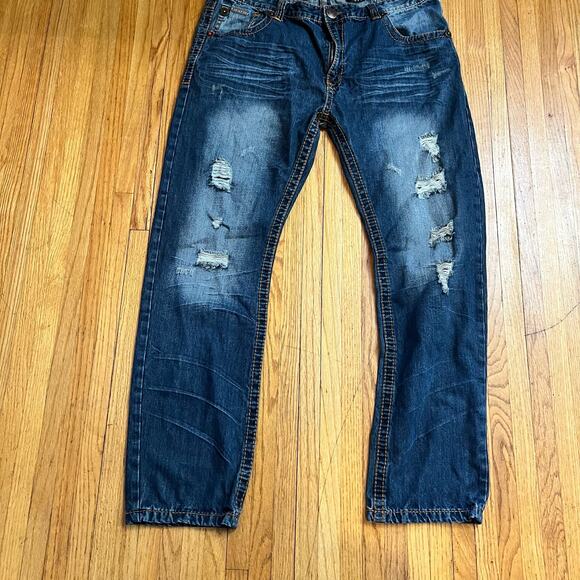 Parish Jeans Mens 42 Flap Pocket Baggy Thick Stitch Skate Blue Distressed - Picture 3 of 10